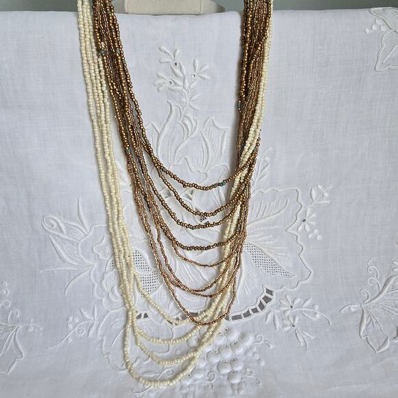 Vintage Beaded Necklace Braided Long Multistrand Cream Bronze Classic Boho Glam - Picture 4 of 12